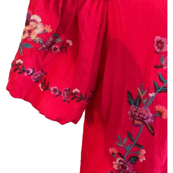 Umgee Dress Women's Size Medium Red Bubble Sleeves Embroidered Boho - Picture 3 of 7